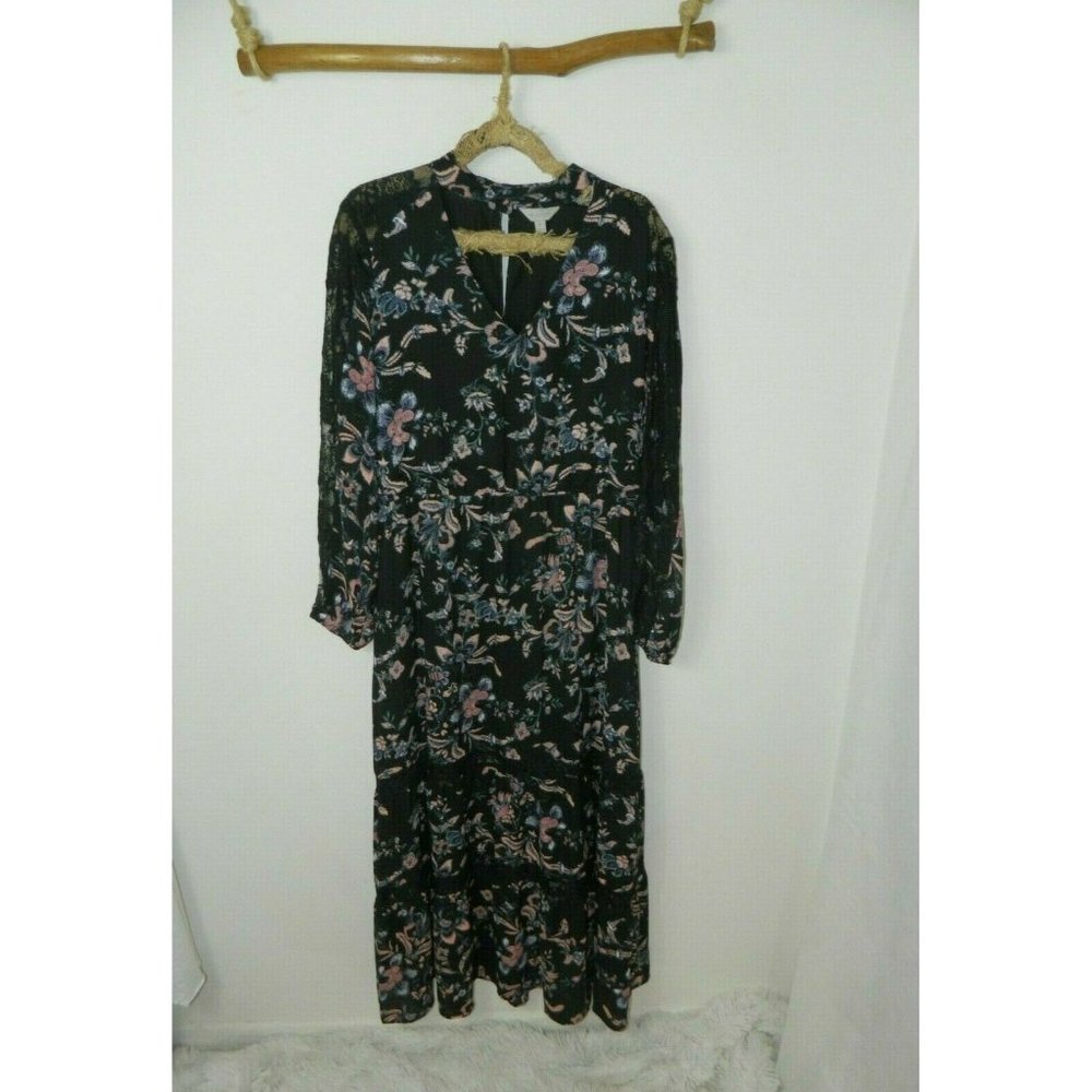 Belle Sky Dress Sleeve Black Floral Lace Cottage Core Long Sleeve Maxi Size XL